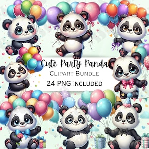 24 lindo paquete de imágenes prediseñadas de panda de fiesta, pegatina de globo de dibujos animados, decoraciones de fiesta adorables, PNG caprichoso para invitaciones, tarjetas de felicitación