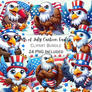 Cartoon 4th of July Eagles Clipart Bundle, Patriotic Sticker, Adorable Stars and Stripes Decorations, Whimsical PNG for invitations