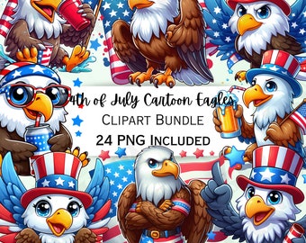 Cartoon 4th of July Eagles Clipart Bundle, Patriotic Sticker, Adorable Stars and Stripes Decorations, Whimsical PNG for invitations