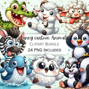 Lustiges Cartoon-Tiere-Clipart-Bundle, niedliche, witzige Aufkleber, entzückende Dekorationen, skurriles PNG für Einladungen, Grußkarten
