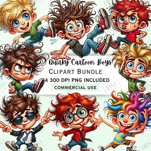 Funny Cartoon Quirky Boys Clipart Bundle, Children Sticker, Silly Kids Decorations, Whimsical PNG for invitations, Commercial Use