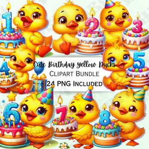Süßes Geburtstags-Clipart-Bundle mit gelben Enten, Cartoon-Aufkleber, entzückende Partydekorationen, skurriles PNG für Einladungen, Grußkarten