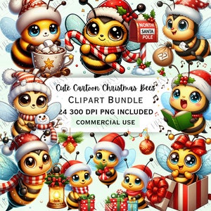 Niedliches Cartoon-Weihnachtsbienen-Clipart-Bundle, festlicher Baby-Tieraufkleber, bezaubernde Weihnachtsgrafik, Wintersaison PNG, kommerzielle Nutzung