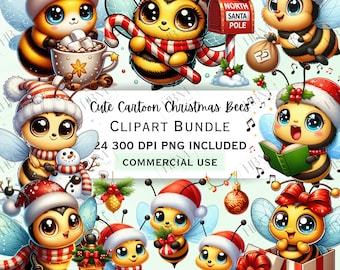 Cute Cartoon Christmas Bees Clipart Bundle, Festive Baby Animal Sticker, Adorable Xmas Graphic, Winter Season PNG, Commercial Use