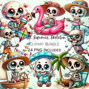 Bonito paquete de imágenes prediseñadas de verano de esqueleto de dibujos animados, Decoración de guardería de surf, Arte de pared de bebé de playa, PNG de helado, Uso comercial