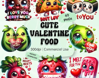 Cute Valentine Food Puns Clipart PNG Bundle, Humorous Food Sticker, Funny Love Quotes Graphics for Sublimation, Commercial Use