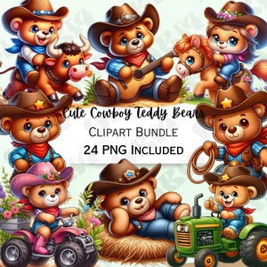 Schattige Cartoon Cowboy Teddy Clipart Bundel, Grappige Cowboy Sticker, Schattige Cowgirl Sublimatie, Grillige Digitale Download, Wenskaart