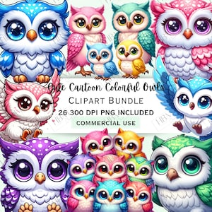 Niedliches Cartoon-farbiges Eulen-Clipart-Bundle, wunderliche Charakter-Aufkleber, entzückender schrulliger Vogel PNG, transparenter Hintergrund, kommerzielle Nutzung