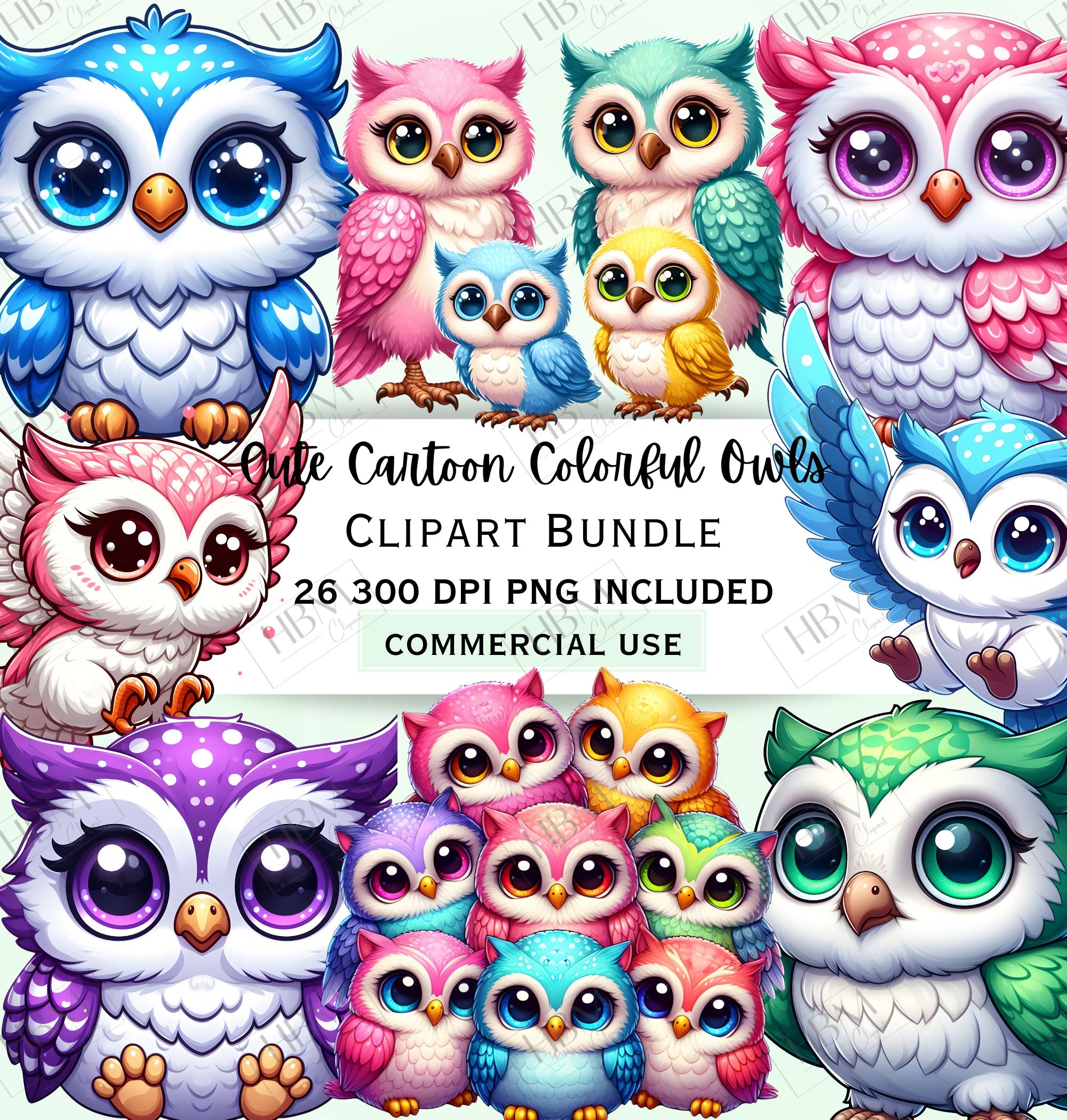 Cute Cartoon Colored Owls Clipart Bundle, Whimsical Character Stickers, Adorable Quirky Bird PNG, Tr