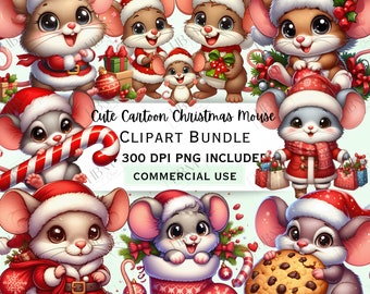 Niedliches Cartoon-Weihnachtsmaus-Clipart-Bundle, festliche Mäuse-Aufkleber, lustige und liebenswerte Weihnachtstiere (PNG) für Dekoration, kommerzielle Nutzung