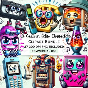 Retro Cartoon Charaktere Clipart Bundle, süße 80er Jahre nostalgische PNG, Vintage 90er Jahre digitaler Download, Kawaii 70er Jahre ästhetische Kunst, kommerzielle Nutzung