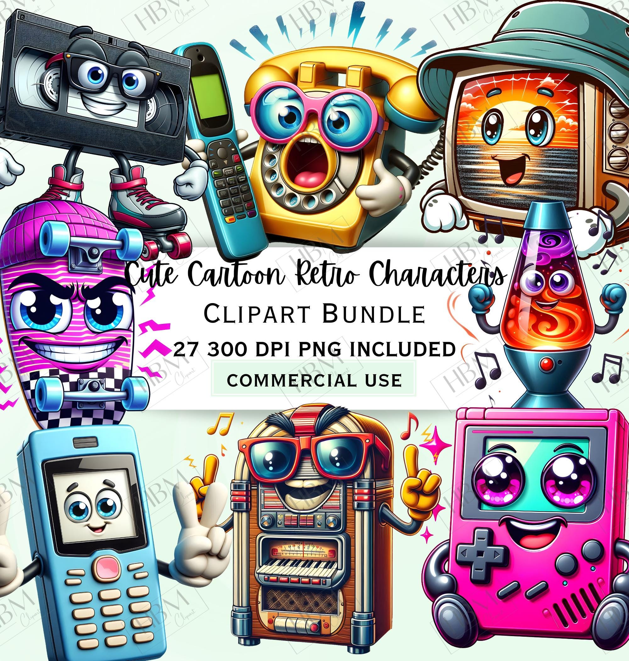 Retro Cartoon Characters Clipart Bundle, Cute 80s Nostalgic PNG
