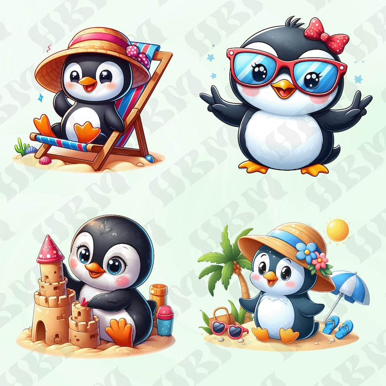 Cute Cartoon Summer Penguin Clipart Bundle, Surf Nursery Decor, Beach