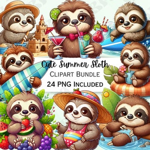 Cute Cartoon Summer Sloth Clipart Bundle, Surf Nursery Decor, Beach Baby Wall Art, Icecream PNG, Water infant Shower, 24 Illustrations
