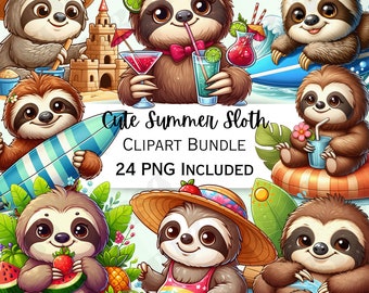 Cute Cartoon Summer Sloth Clipart Bundle, Surf Nursery Decor, Beach Baby Wall Art, Icecream PNG, Water infant Shower, 24 Illustrations