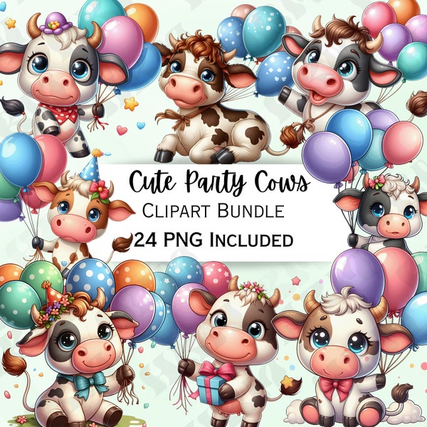 24 Cute Party Cow Clipart Bundle, Cartoon Balloon Sticker, Adorable Party Decorations, Whimsical PNG for invitations, Greeting cards