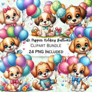 Lot de cliparts mignon fête chiot chien, autocollant ballon de dessin animé, adorables décorations de fête, PNG fantaisiste pour sublimation, cartes de voeux