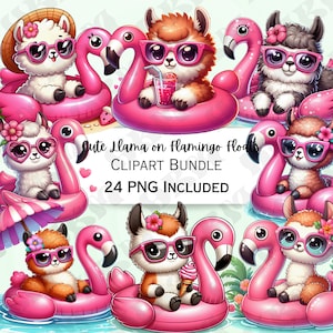 Könnte beinhalten: Ein Set mit 24 digitalen Clipart-Bildern, die niedliche Lamas zeigen, die Sonnenbrillen tragen und auf rosa Flamingo-Schwimmreifen reiten. Die Lamas sind in verschiedenen Posen, einige halten Getränke oder Eiswaffeln. Der Text "Cute Llama on Flamingo Floats" und "Clipart Bundle" wird auf grünem Hintergrund angezeigt.