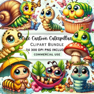 Lindo paquete de imágenes prediseñadas de oruga de dibujos animados, decoración de guardería de insectos, arte de pared divertido para bebés, adorable PNG colorido, uso comercial