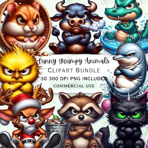 Grumpy Animal Clipart Bundle, Funny Angry Creatures PNG, Moody Characters Graphics, Whimsical Morning Mood Designs, Commercial Use