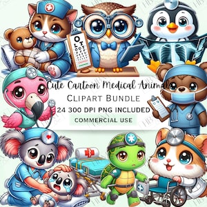 Lindo paquete de imágenes prediseñadas de animales médicos de dibujos animados, pegatinas extravagantes de farmacéutico, adorable y peculiar doctor PNG para invitaciones, uso comercial