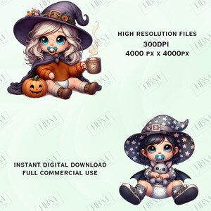 Cute Cartoon Baby Witches Clipart Bundle, Magical Witchy Art, Kawaii Halloween Art, Adorable Whimsical Broomstick PNG, Commercial Use image 5