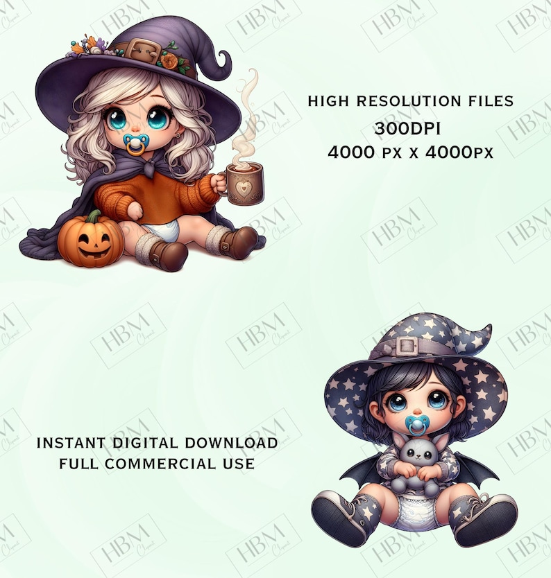 Cute Cartoon Baby Witches Clipart Bundle, Magical Witchy Art, Kawaii Halloween Art, Adorable Whimsical Broomstick PNG, Commercial Use image 5