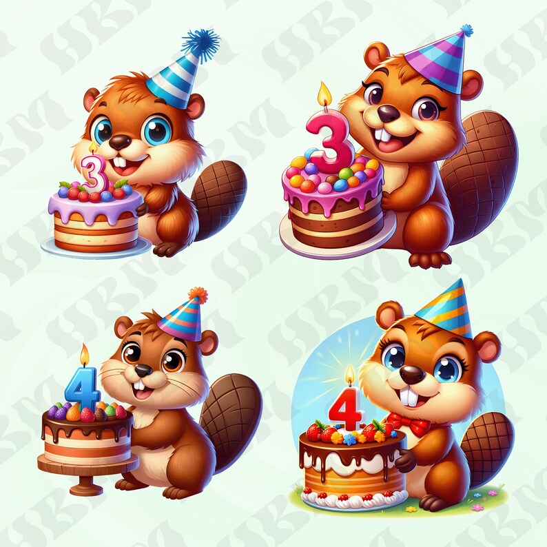 Cute Birthday Beaver Clipart Bundle, Cartoon Sticker, Adorable Party ...