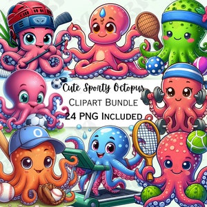 Paquete de imágenes prediseñadas de pulpo deportivo de dibujos animados lindo, decoración de guardería de fitness, arte de pared de bebé adorable, PNG humorístico, ducha infantil divertida