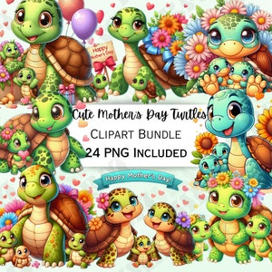 24 Cute Mother's Day Turtle Clipart Bundle, Cartoon Balloon Sticker, Adorable Party Decorations, Whimsical PNG for invitations, cards
