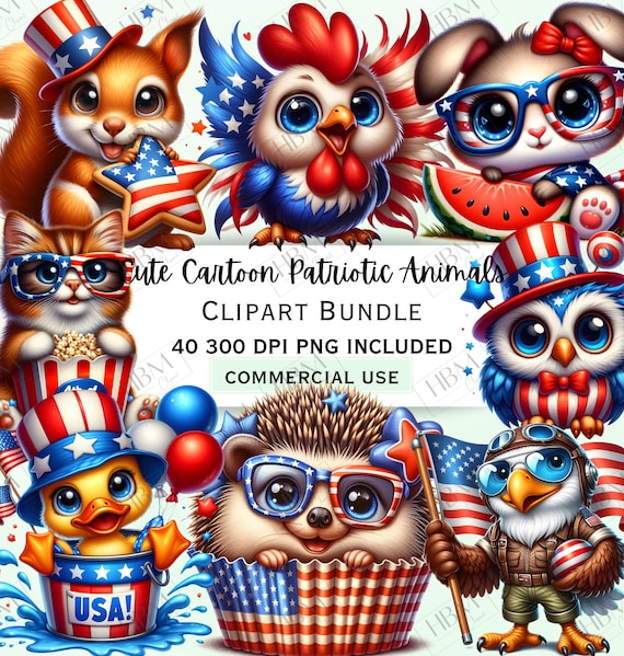 Cute Patriotic Animals Clipart Bundle, 4th of July Cartoon Sticker, USA Hat Owl PNG, Adorable Flag Pet Transparent Graphic, Commercial Use