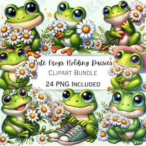 24 süße Frösche mit Gänseblümchen-Clipart-Bundle, Kaulquappen-Aufkleber, bezaubernde Wandkunst, Amphibien-PNG für Einladungsaufkleber, Cartoon-Amphibien