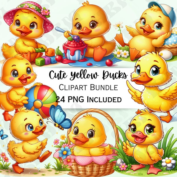 Cute Yellow Ducks Cartoon Clipart Bundle, Bird Stickers, Adorable Baby Wall Art, Animal PNG for invitations, Stickers, 24 Illustrations