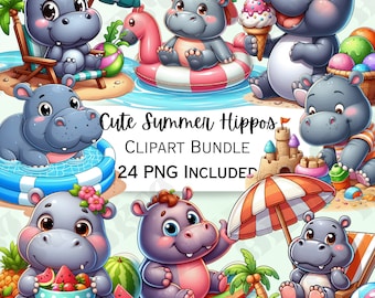Cute Cartoon Summer Hippo Clipart Bundle, Surf Nursery Decor, Beach Baby Wall Art, Icecream PNG, Water infant Shower, 24 Illustrations