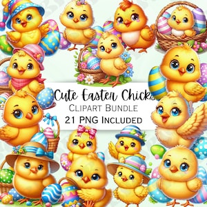 21 Cute Easter Chicks Clipart Bundle, Chicken Stickers, Adorable Baby Wall Art, Poultry PNG for invitations Sticker, Cartoon Chocolate eggs