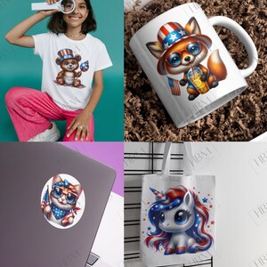 May include: A selection of patriotic-themed products. Features a white t-shirt with a bear graphic, a white mug with a fox graphic, a laptop sticker with a cat graphic, and a tote bag with a unicorn graphic. All have red, white, and blue designs.