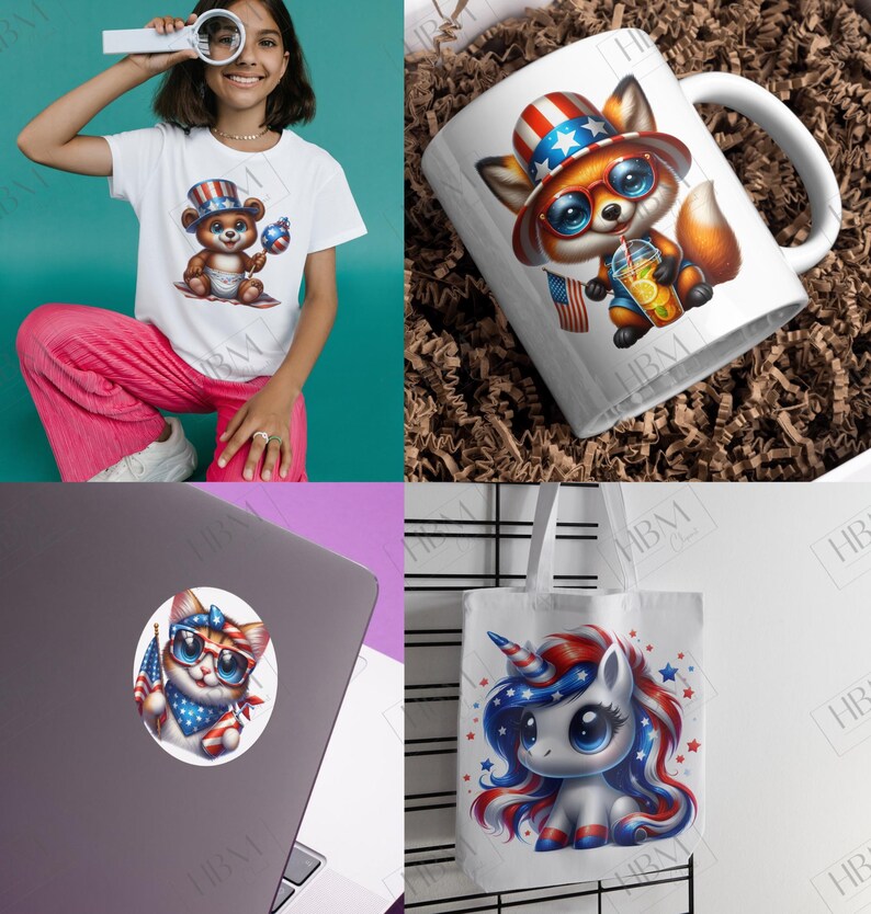 May include: A selection of patriotic-themed products. Features a white t-shirt with a bear graphic, a white mug with a fox graphic, a laptop sticker with a cat graphic, and a tote bag with a unicorn graphic. All have red, white, and blue designs.