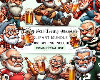 Funny Beer Loving Grandpa Clipart Bundle, Cartoon Old Man Sticker, Whimsical Drunk Grandfather PNG for Invitations, Commercial Use