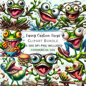 Lustigen Cartoon Frosch Clipart Bundle, dumme Kaulquappe Aufkleber, entzückende Reptil Wandkunst, verrückte Amphibien PNG für Einladungen, kommerzielle Nutzung