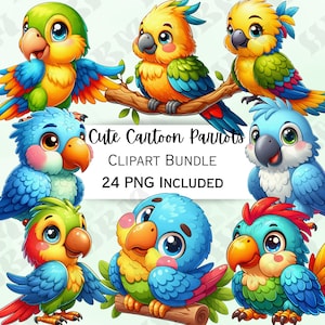 Paquete de 24 imágenes prediseñadas de loros de dibujos animados lindos, decoración de vivero de aves, PNG colorido para arte de pared de bebé, invitaciones, pegatinas, baby shower