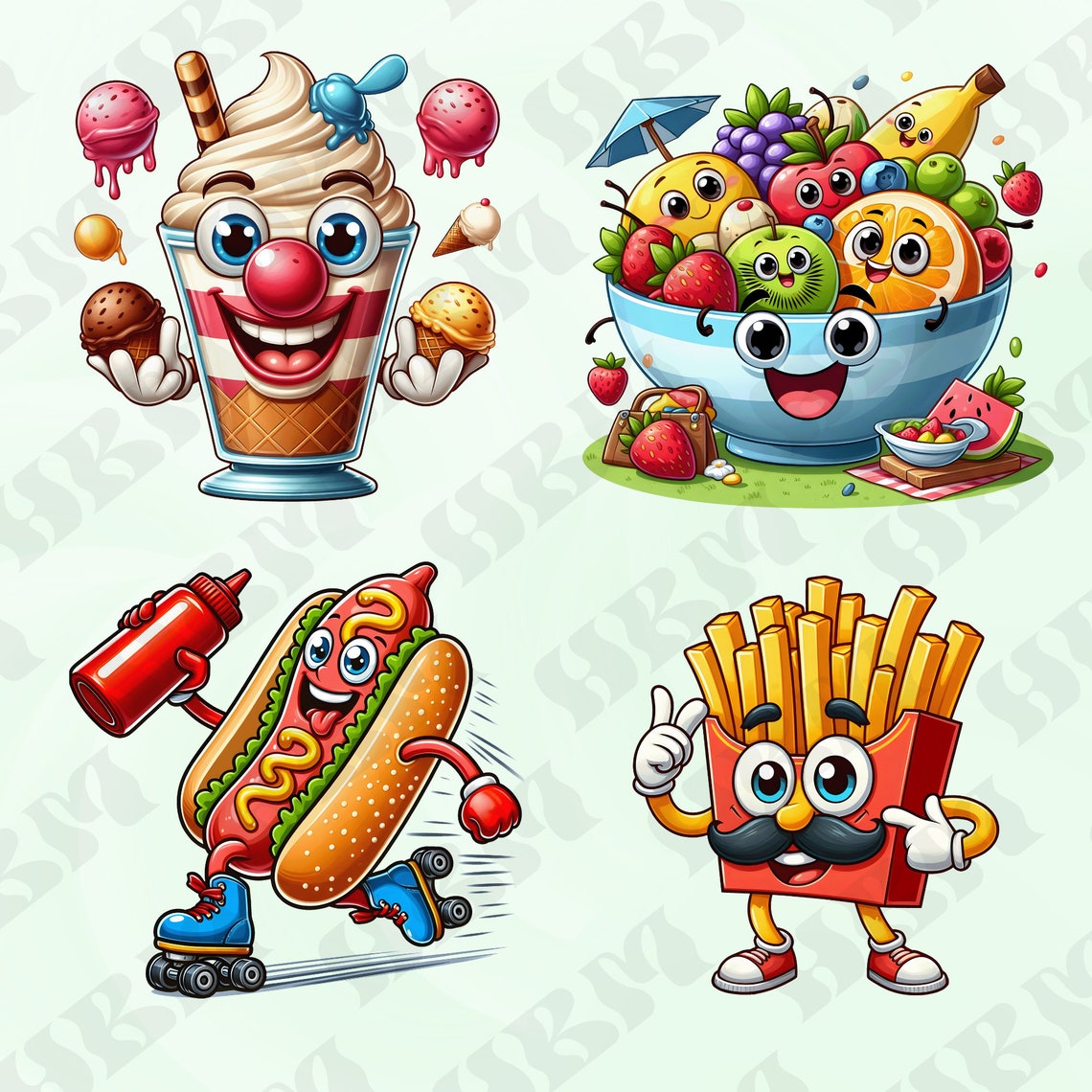 Cute Cartoon Food Characters Clipart Bundle, Kawaii Fruit Sticker ...