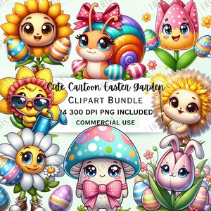 Bundle de cliparts jardin printemps dessin animé mignon, adorable fleur graphique, autocollants originaux de Pâques, oeufs en chocolat fantaisistes PNG, usage Commercial