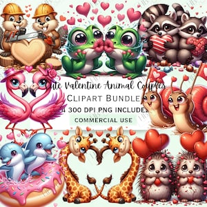 Lindo paquete de imágenes prediseñadas de parejas de animales de San Valentín, calcomanía divertida de jirafa, adorables gráficos de dibujos animados kawaii PNG para invitaciones, uso comercial