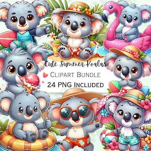 Cute Cartoon Summer Koalas Clipart Bundle, Surf Nursery Decor, Beach Baby Wall Art, Icecream PNG, Water Infant Shower, 24 Illustrations