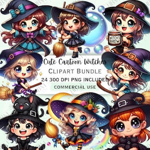Niedliches Cartoon-Hexen-Clipart-Bundle, magischer Aufkleber, entzückende Kinderdekoration, wunderlicher Besen PNG für Einladungen, kommerzielle Nutzung