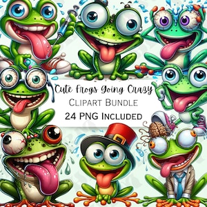 24 süße Frösche, die sich verrückt verhalten, Clipart-Bundle, Kaulquappen-Aufkleber, bezaubernde Wandkunst, Amphibien-PNG für Einladungsaufkleber, Cartoon-Reptil