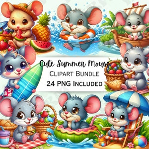 Cute Cartoon Mouse Summer Clipart Bundle, Surf Nursery Decor, Beach Baby Wall Art, Icecream PNG, Water infant Shower, 24 Mice Illustrations