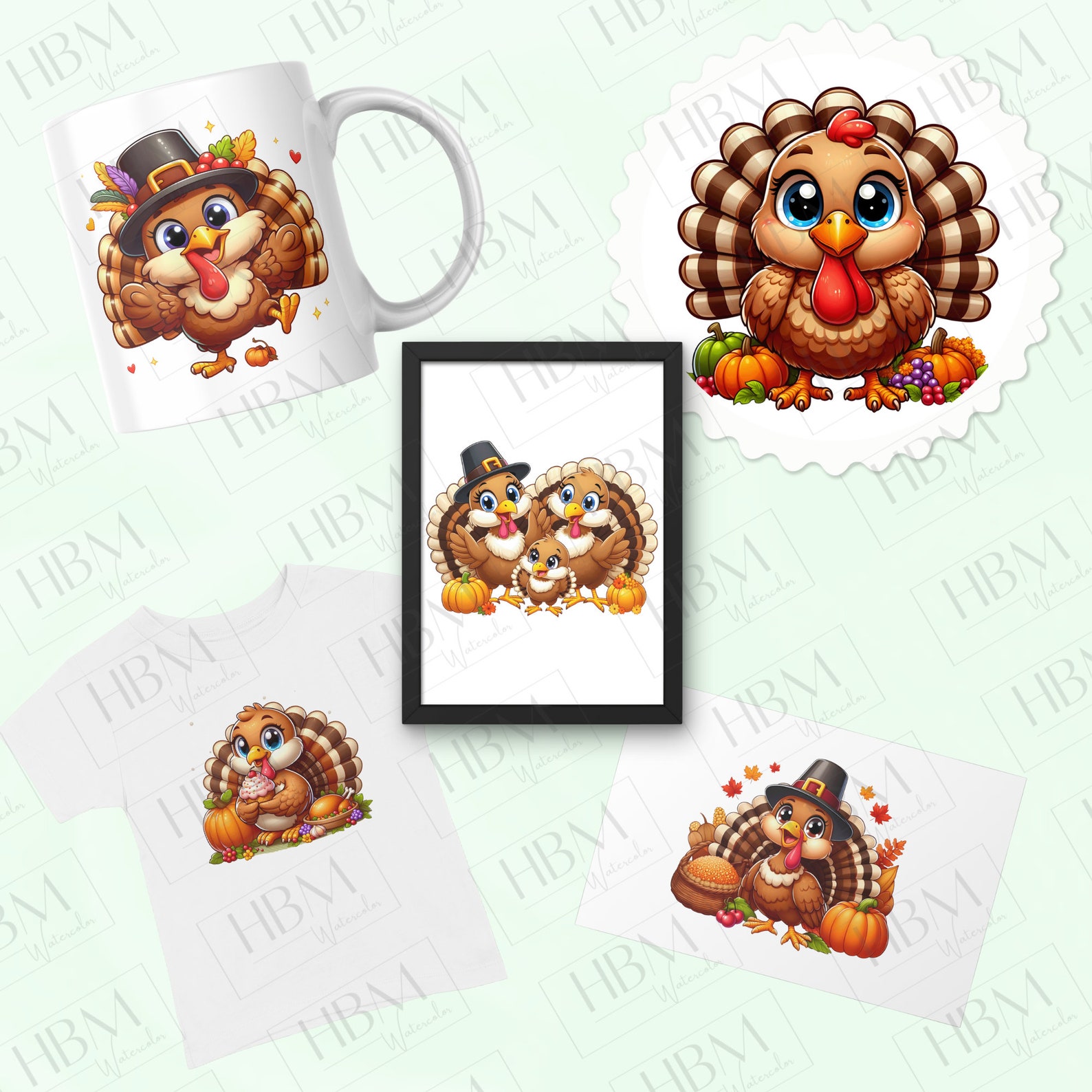 Cute Cartoon Thanksgiving Turkey Clipart Bundle, Fall Printables ...