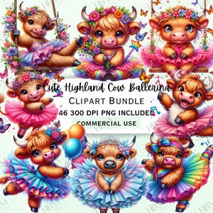 Bundle de cliparts dessin animé mignon vache Highland, autocollant animaux lunatique, adorable graphique Kawaii PNG pour faire-part, usage commercial
