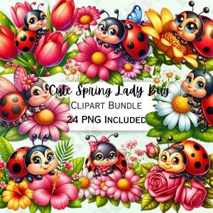 24 Cute Cartoon Spring Lady Bugs Clipart Bundle, Beetle Nursery Decor, Flowers Baby Wall Art, Insect PNG, Floral infant Shower